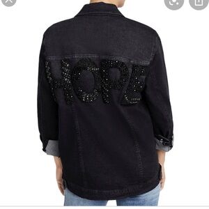 Rachel by Rachel Roy Black Jean Jacket Embellished says ‘HOPE’ on back size xl